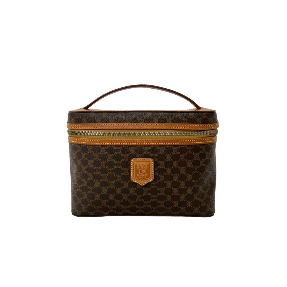 CELINE Vintage Macadam Blazon Pattern Leather Handbag Vanity Bag Pouch Brown ...
